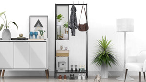 English Elm Coat Rack Hall Tree with Full Length Mirror Shoe Storage Industrial Metal Frame W708P588785