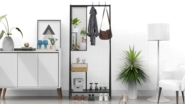 English Elm Coat Rack Hall Tree with Full Length Mirror Shoe Storage Industrial Metal Frame W708P588785