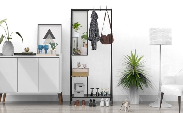English Elm Coat Rack Hall Tree with Full Length Mirror Shoe Storage Industrial Metal Frame W708P588785