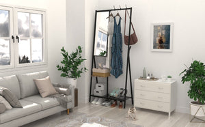 English Elm Coat Rack Hall Tree with Full Length Mirror Shoe Storage Industrial Metal Frame W708P588785