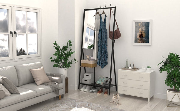 English Elm Coat Rack Hall Tree with Full Length Mirror Shoe Storage Industrial Metal Frame W708P588785