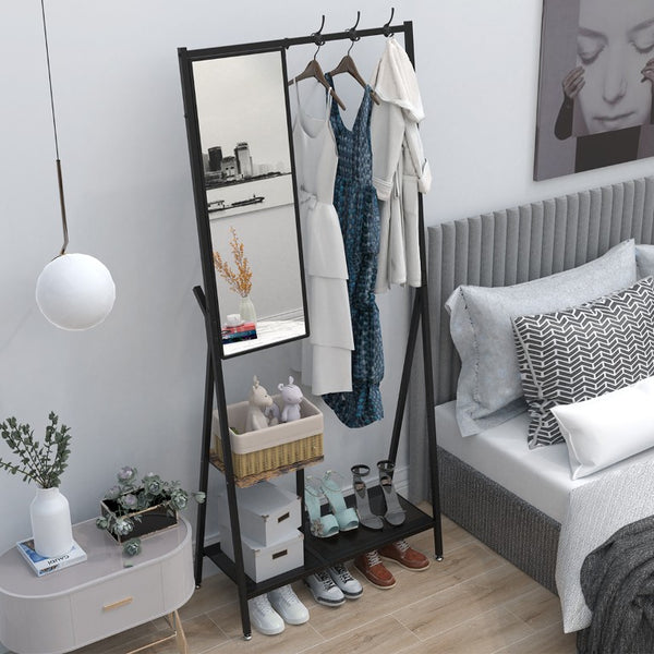English Elm Coat Rack Hall Tree with Full Length Mirror Shoe Storage Industrial Metal Frame W708P588785
