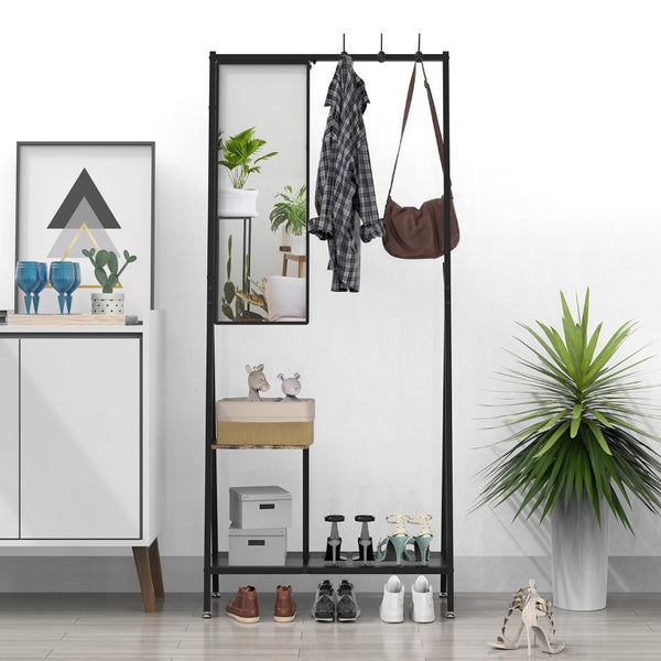 English Elm Coat Rack Hall Tree with Full Length Mirror Shoe Storage Industrial Metal Frame W708P588785