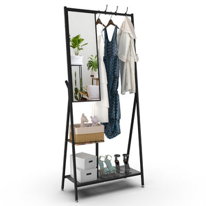 English Elm Coat Rack Hall Tree with Full Length Mirror Shoe Storage Industrial Metal Frame W708P588785