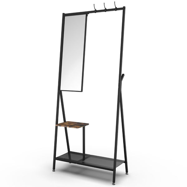 English Elm Coat Rack Hall Tree with Full Length Mirror Shoe Storage Industrial Metal Frame W708P588785