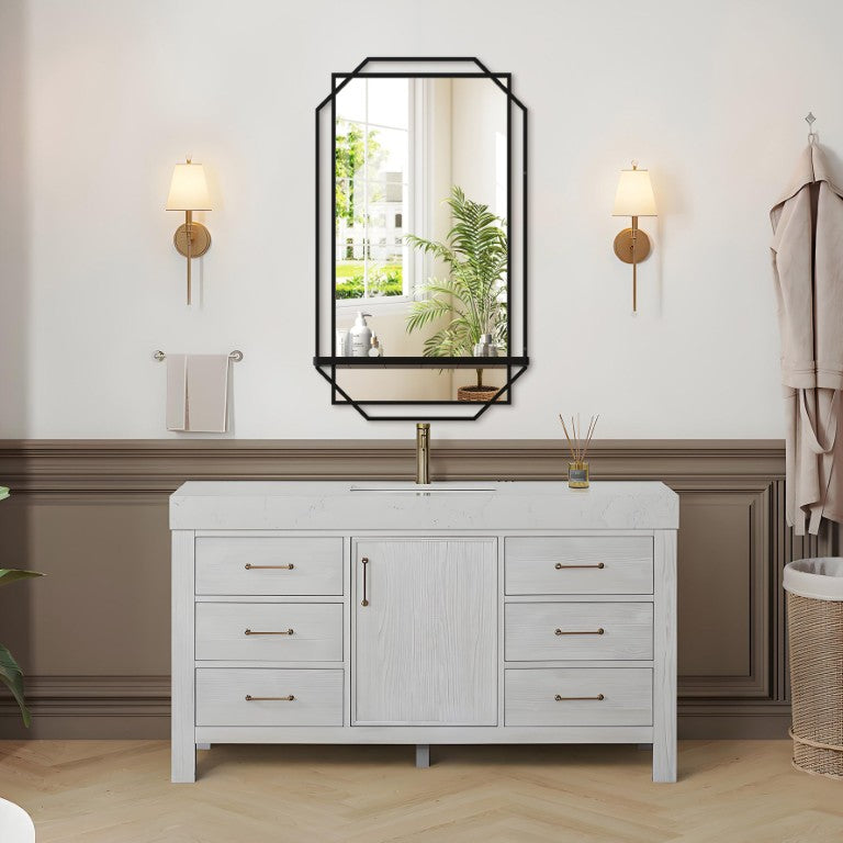 English Elm 22*32 Ines Black Iron Framed Wall Mirror with Integrated Shelf for Any Room W708P596281