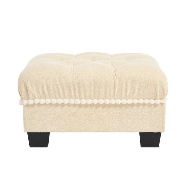 English Elm Ottoman Chenille Sectional Module with Tufted Seat Pom Trim and Modular Lounge Design Beige W714P477917