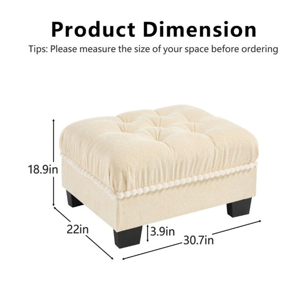 English Elm Ottoman Chenille Sectional Module with Tufted Seat Pom Trim and Modular Lounge Design Beige W714P477917