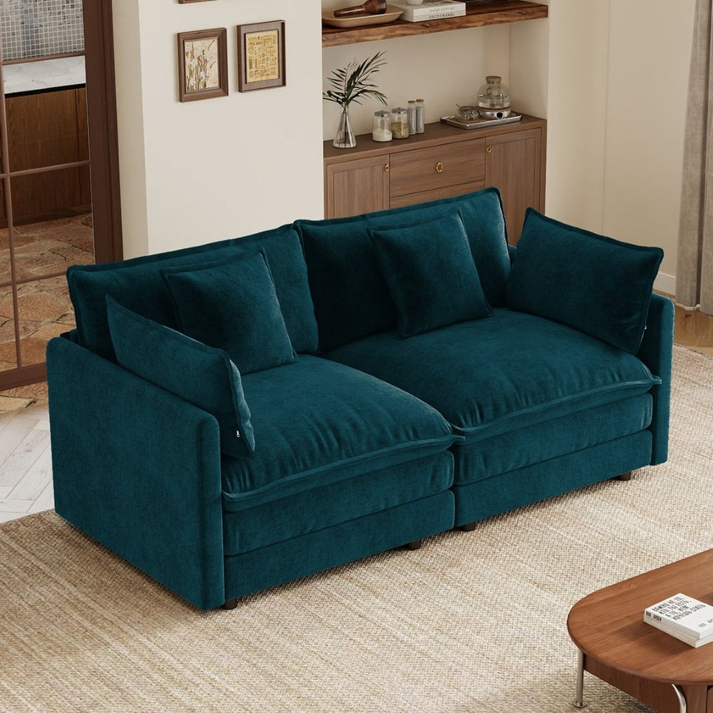 English Elm Upholstered Deep Seat Chenille Sofa with Toss Pillows for Living Room Comfort Blue W714P500997