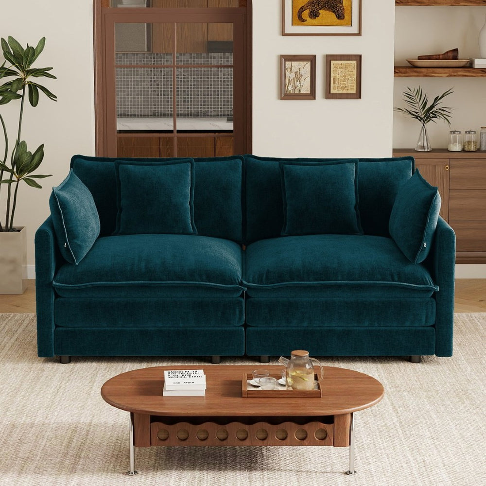 English Elm Upholstered Deep Seat Chenille Sofa with Toss Pillows for Living Room Comfort Blue W714P500997