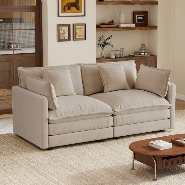 English Elm Upholstered Deep Seat Chenille Sofa with Toss Pillows for Living Room Comfort Light Coffee W714P501023