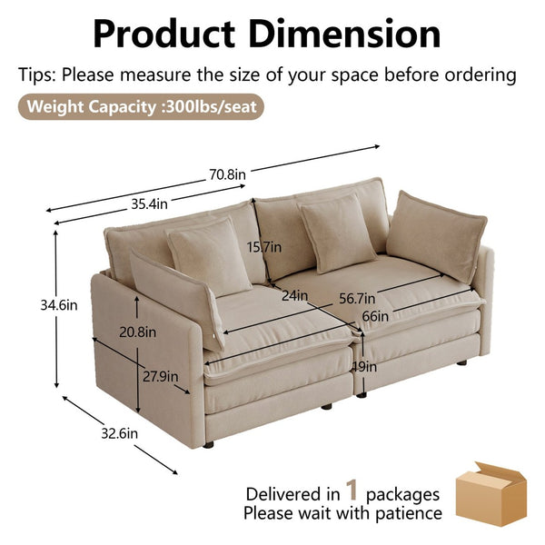 English Elm Upholstered Deep Seat Chenille Sofa with Toss Pillows for Living Room Comfort Light Coffee W714P501023