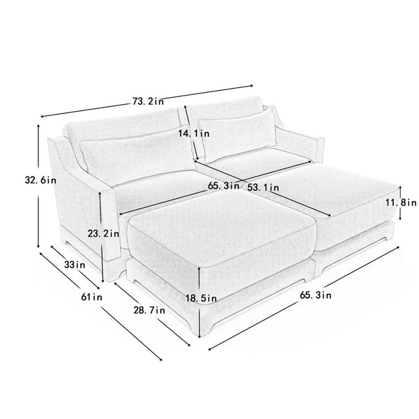 English Elm Two Seater Chenille Sofa with Ottomans Lumbar Pillows Tufted Arms Living Room W714S01195