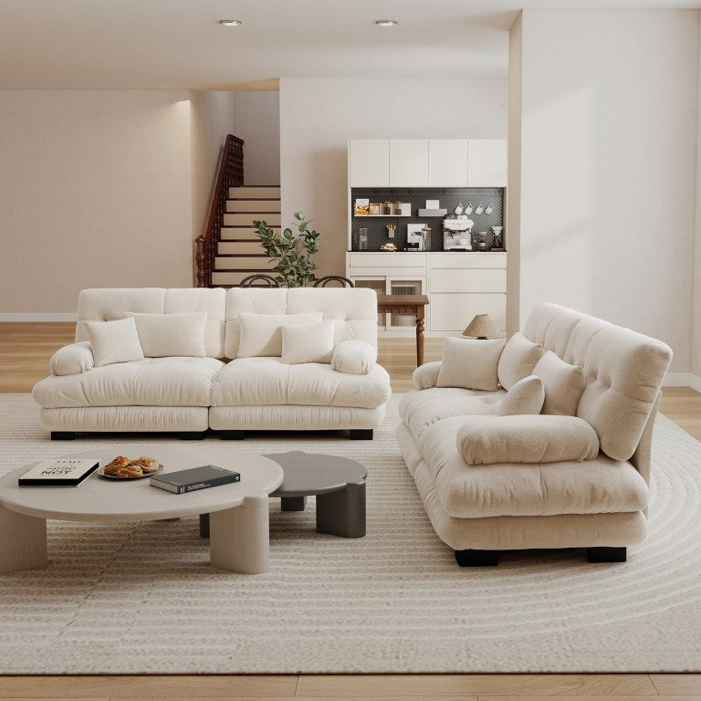 English Elm A Vintage Chenille Loveseat Duo with Bolster Arms and Eight Plush Pillows Included Light Coffee W714S01816