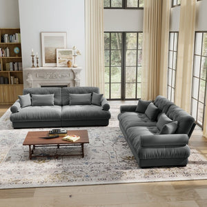 English Elm A Velvet Two Seat Sofa with Bolster Armrests Plush Cushions and Lumbar Pillows Included Grey W714S01834