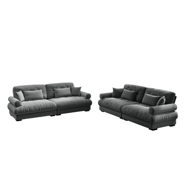 English Elm A Velvet Two Seat Sofa with Bolster Armrests Plush Cushions and Lumbar Pillows Included Grey W714S01834