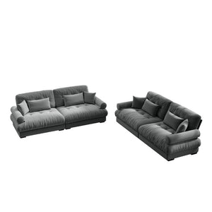 English Elm A Velvet Two Seat Sofa with Bolster Armrests Plush Cushions and Lumbar Pillows Included Grey W714S01834
