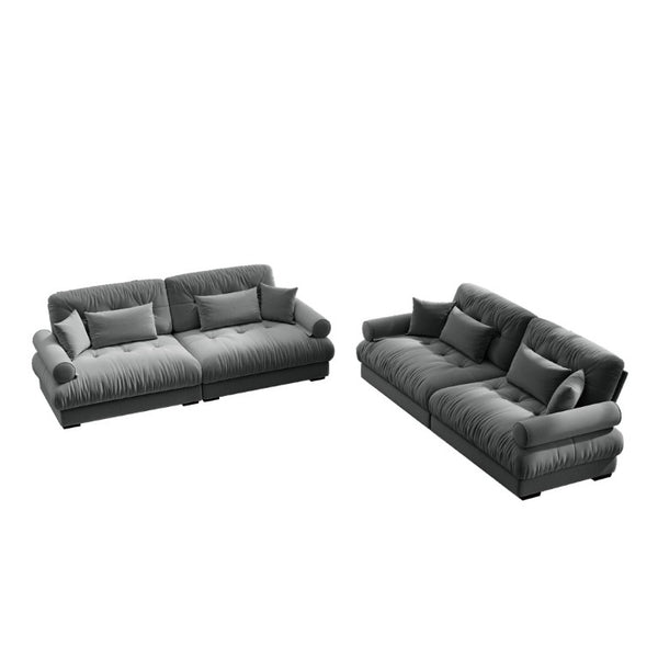 English Elm A Velvet Two Seat Sofa with Bolster Armrests Plush Cushions and Lumbar Pillows Included Grey W714S01834