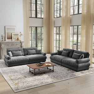 English Elm A Velvet Two Seat Sofa with Bolster Armrests Plush Cushions and Lumbar Pillows Included Grey W714S01834