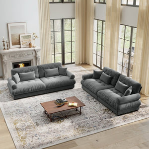 English Elm A Velvet Two Seat Sofa with Bolster Armrests Plush Cushions and Lumbar Pillows Included Grey W714S01834
