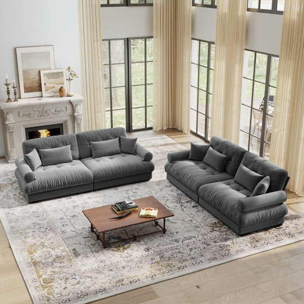 English Elm A Velvet Two Seat Sofa with Bolster Armrests Plush Cushions and Lumbar Pillows Included Grey W714S01834