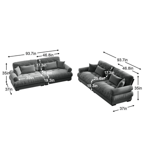 English Elm A Velvet Two Seat Sofa with Bolster Armrests Plush Cushions and Lumbar Pillows Included Grey W714S01834
