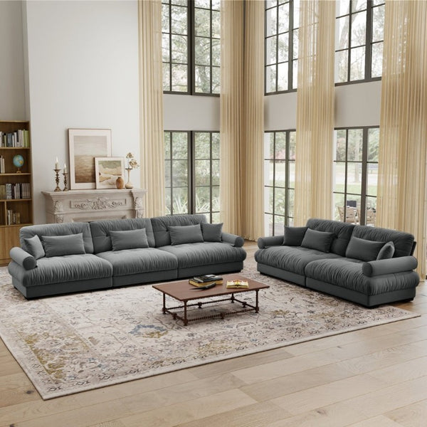 English Elm A Modular Velvet Sectional Sofa with Bolster Armrests and Plush Cloud Cushions Grey W714S01835