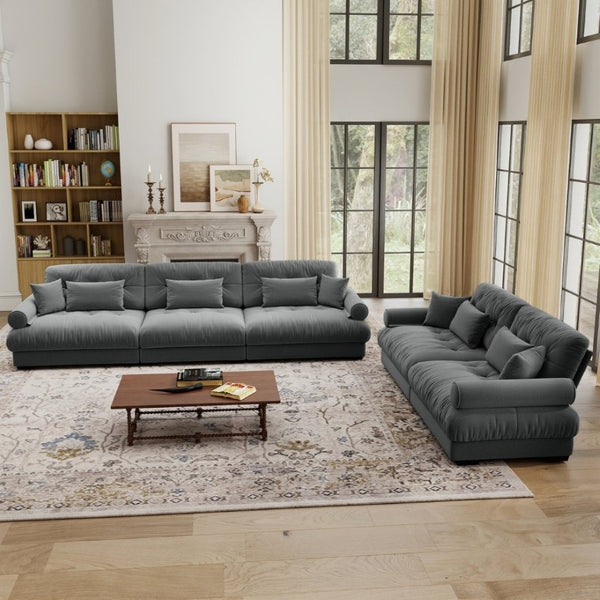 English Elm A Modular Velvet Sectional Sofa with Bolster Armrests and Plush Cloud Cushions Grey W714S01835