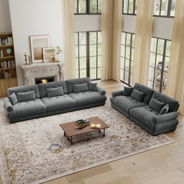 English Elm A Modular Velvet Sectional Sofa with Bolster Armrests and Plush Cloud Cushions Grey W714S01835