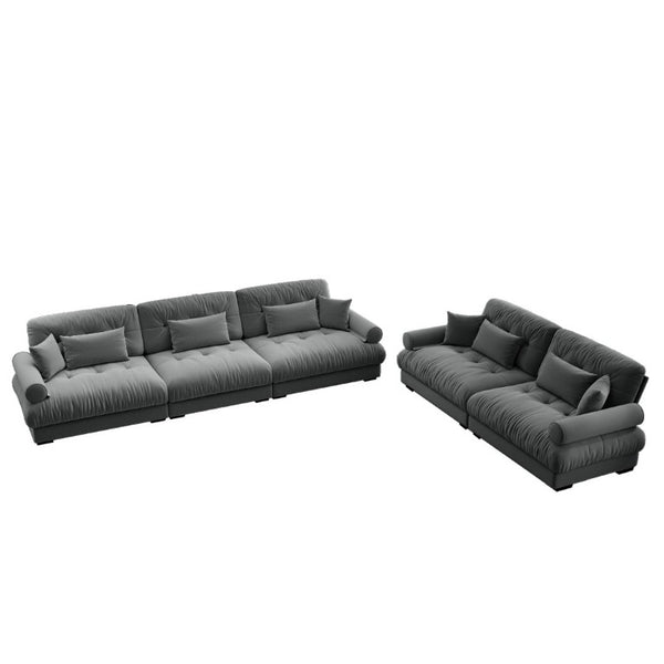 English Elm A Modular Velvet Sectional Sofa with Bolster Armrests and Plush Cloud Cushions Grey W714S01835