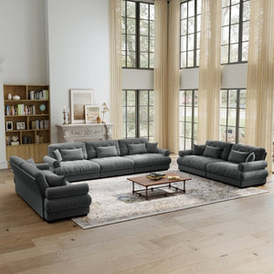 English Elm A Modular Gray Velvet Sofa Set with Cloud Comfort and Sculptural Bolster Armrests W714S01836