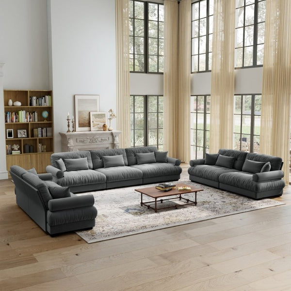 English Elm A Modular Gray Velvet Sofa Set with Cloud Comfort and Sculptural Bolster Armrests W714S01836
