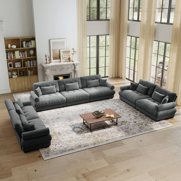 English Elm A Modular Gray Velvet Sofa Set with Cloud Comfort and Sculptural Bolster Armrests W714S01836
