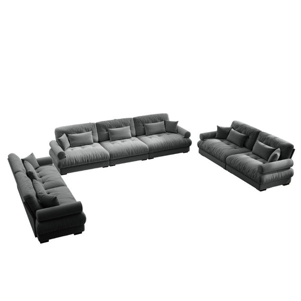 English Elm A Modular Gray Velvet Sofa Set with Cloud Comfort and Sculptural Bolster Armrests W714S01836