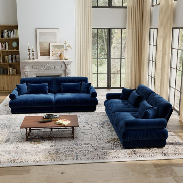 English Elm A Velvet Two Seat Sofa with Bolster Armrests Plush Cushions and Lumbar Pillows Included Blue W714S01837