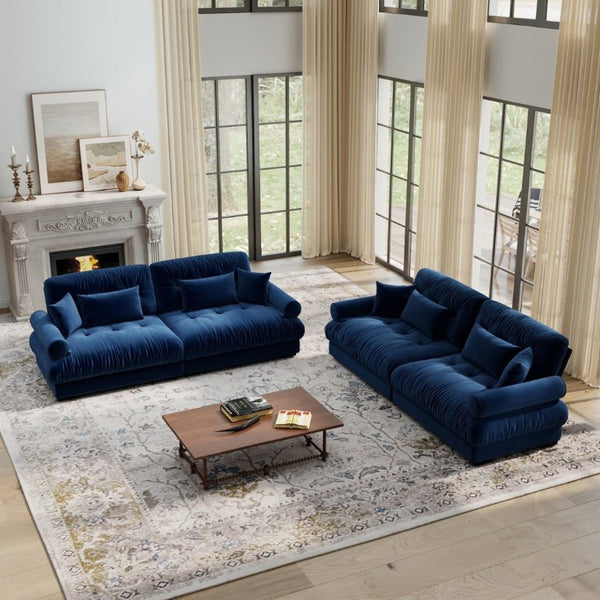 English Elm A Velvet Two Seat Sofa with Bolster Armrests Plush Cushions and Lumbar Pillows Included Blue W714S01837