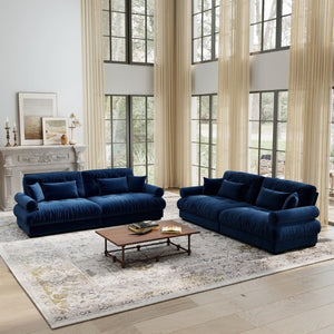 English Elm A Velvet Two Seat Sofa with Bolster Armrests Plush Cushions and Lumbar Pillows Included Blue W714S01837