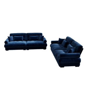English Elm A Velvet Two Seat Sofa with Bolster Armrests Plush Cushions and Lumbar Pillows Included Blue W714S01837