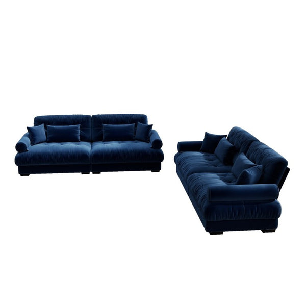 English Elm A Velvet Two Seat Sofa with Bolster Armrests Plush Cushions and Lumbar Pillows Included Blue W714S01837