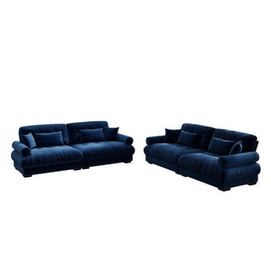 English Elm A Velvet Two Seat Sofa with Bolster Armrests Plush Cushions and Lumbar Pillows Included Blue W714S01837