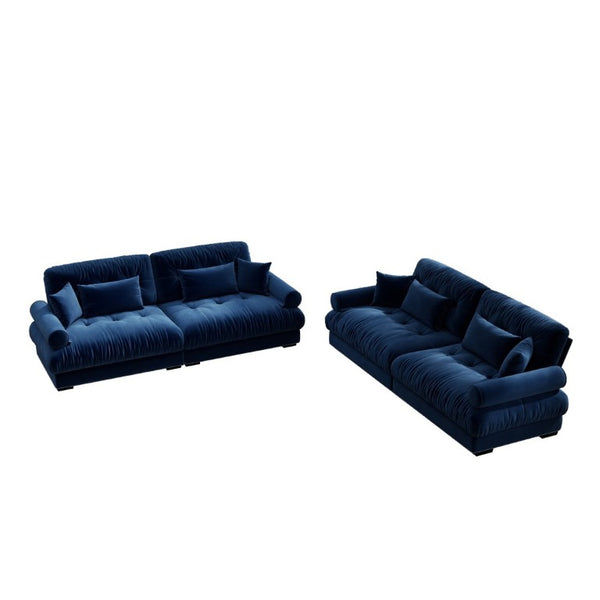 English Elm A Velvet Two Seat Sofa with Bolster Armrests Plush Cushions and Lumbar Pillows Included Blue W714S01837