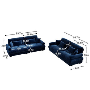English Elm A Velvet Two Seat Sofa with Bolster Armrests Plush Cushions and Lumbar Pillows Included Blue W714S01837