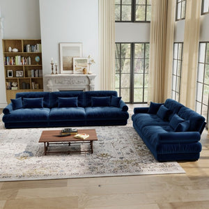 English Elm A Modular Velvet Sectional Sofa with Bolster Armrests and Plush Cloud Cushions Blue W714S01838