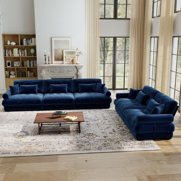 English Elm A Modular Velvet Sectional Sofa with Bolster Armrests and Plush Cloud Cushions Blue W714S01838