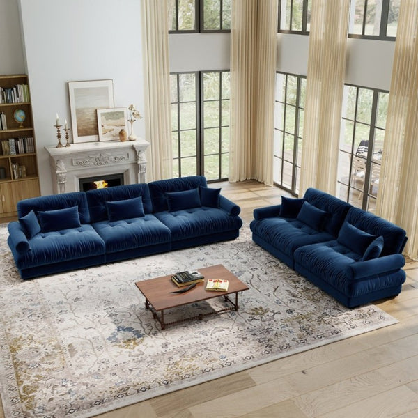 English Elm A Modular Velvet Sectional Sofa with Bolster Armrests and Plush Cloud Cushions Blue W714S01838