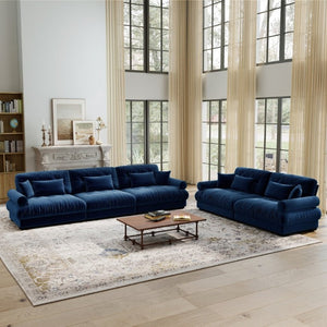 English Elm A Modular Velvet Sectional Sofa with Bolster Armrests and Plush Cloud Cushions Blue W714S01838
