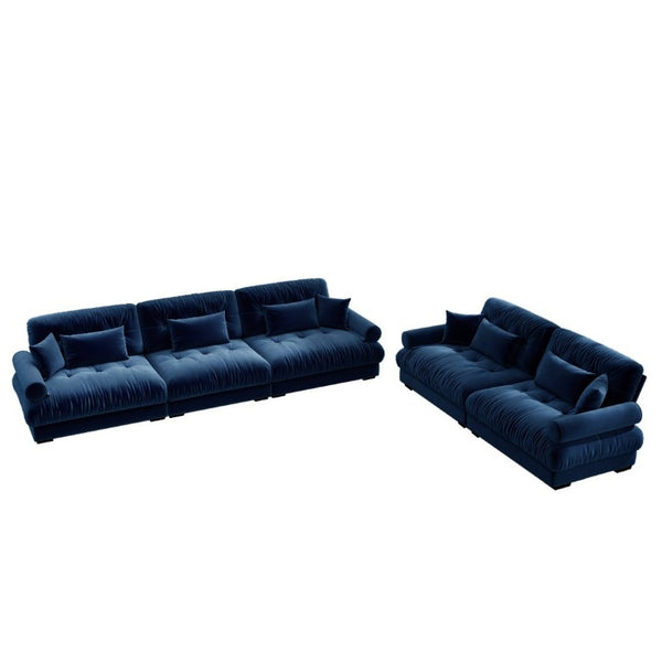 English Elm A Modular Velvet Sectional Sofa with Bolster Armrests and Plush Cloud Cushions Blue W714S01838