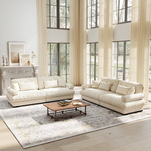 English Elm A Velvet Two Seat Sofa with Bolster Armrests Plush Cushions and Lumbar Pillows Included Cream W714S01840
