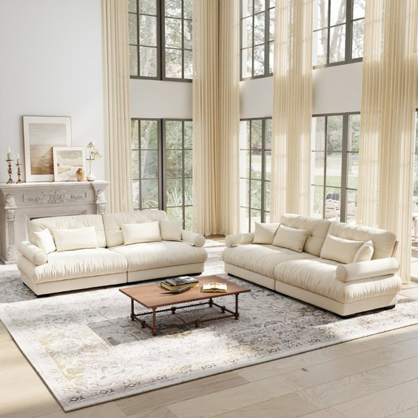 English Elm A Velvet Two Seat Sofa with Bolster Armrests Plush Cushions and Lumbar Pillows Included Cream W714S01840