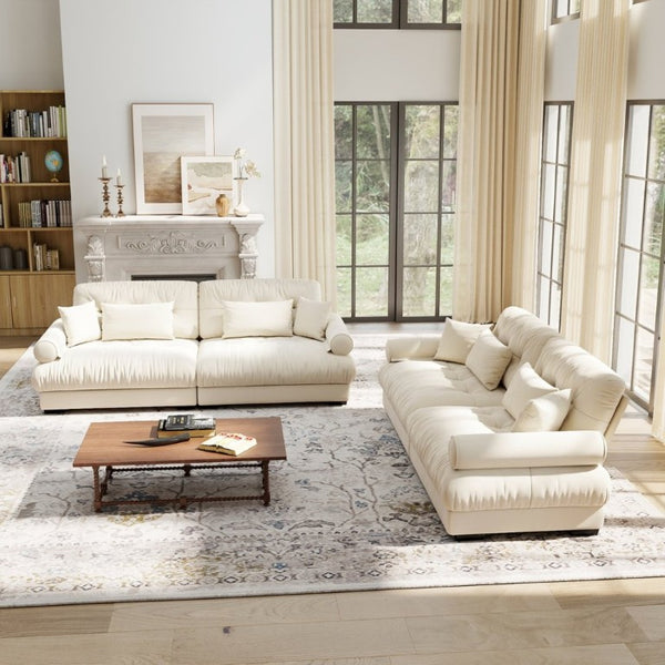 English Elm A Velvet Two Seat Sofa with Bolster Armrests Plush Cushions and Lumbar Pillows Included Cream W714S01840